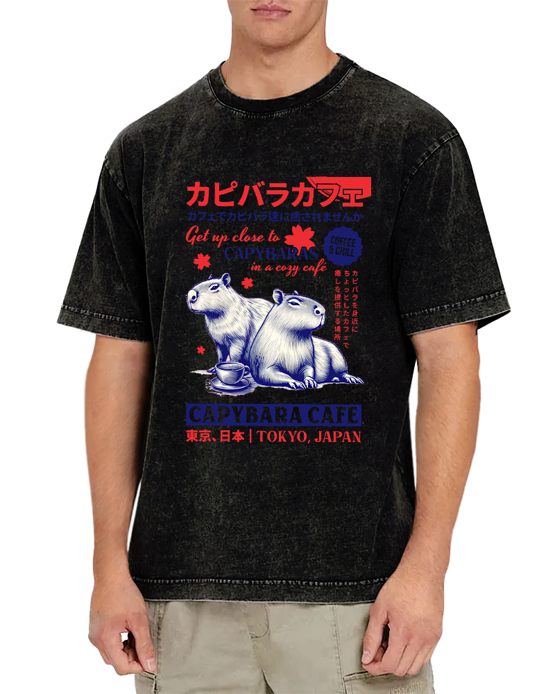 Kyoto Japanese Retro Style Animal Pattern Vintage Washed T-shirt-Zazasy