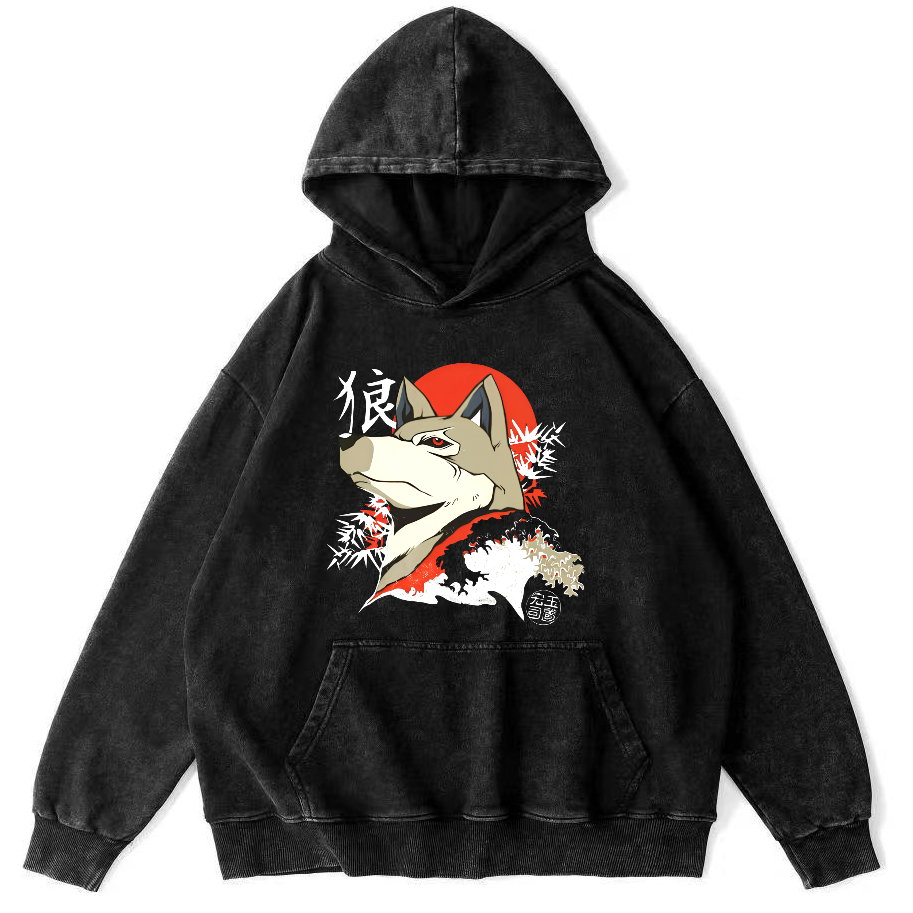Lone Wolf Japanese Style Vintage Distressed Hoodie-Zazasy