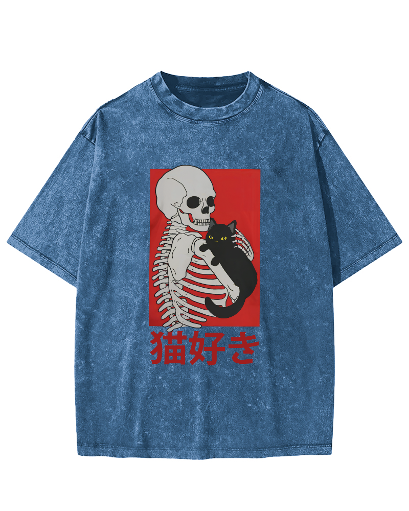 Skeleton And Cat Japanese Style Vintage Washed T-shirt-Zazasy
