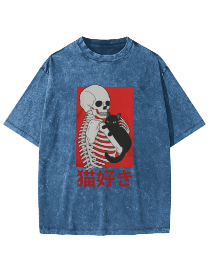 Skeleton And Cat Japanese Style Vintage Washed T-shirt-Zazasy