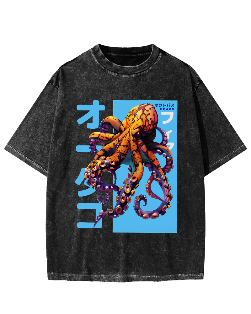 Octopus Monster Japanese Vintage Washed T-shirt-Zazasy