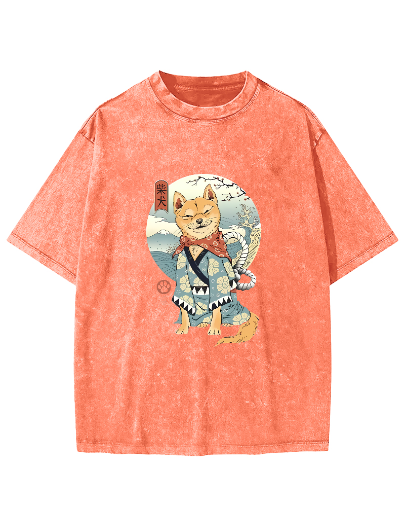 Samurai Shiba Dog Japanese Washed T-Shirt-Zazasy