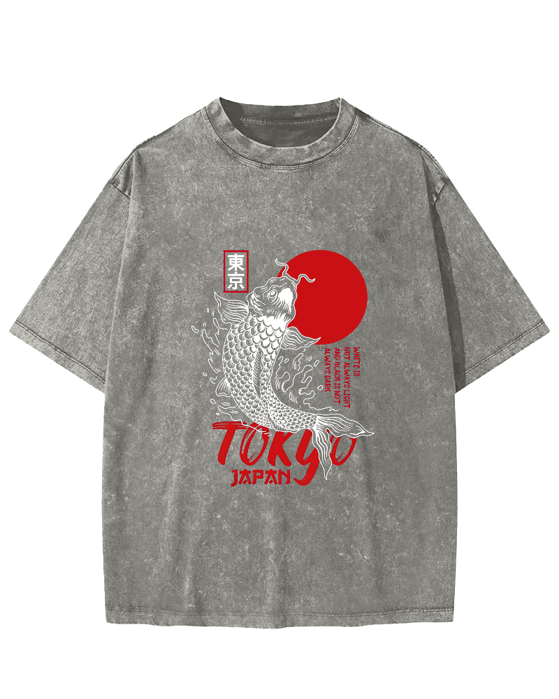 Japanese Script Koi Pattern Vintage Distressed T-shirt-Zazasy