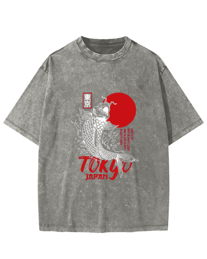 Japanese Script Koi Pattern Vintage Distressed T-shirt-Zazasy