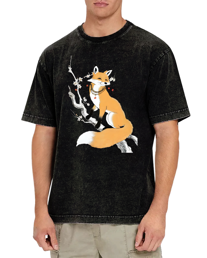 Fox Landscape Painting Japanese Style Vintage Washed T-shirt-Zazasy