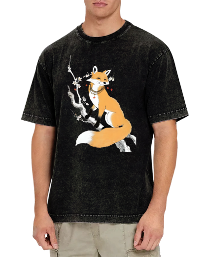 Fox Landscape Painting Japanese Style Vintage Washed T-shirt-Zazasy