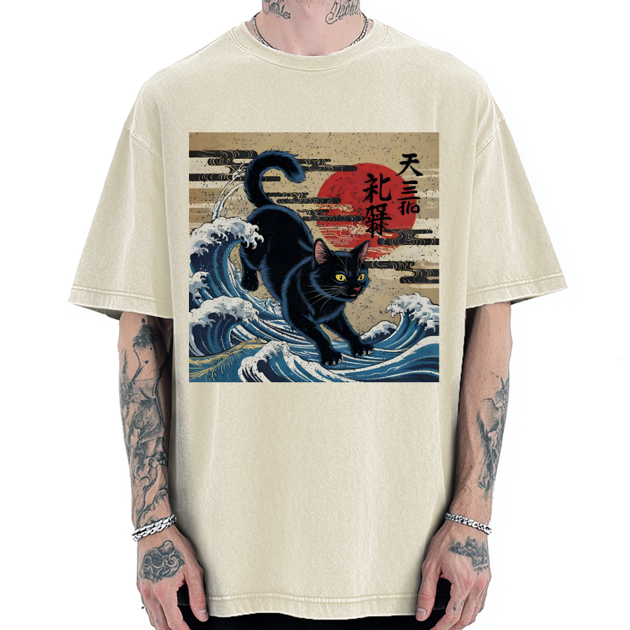 Japanese Wave Cat Vintage Washed T-shirt