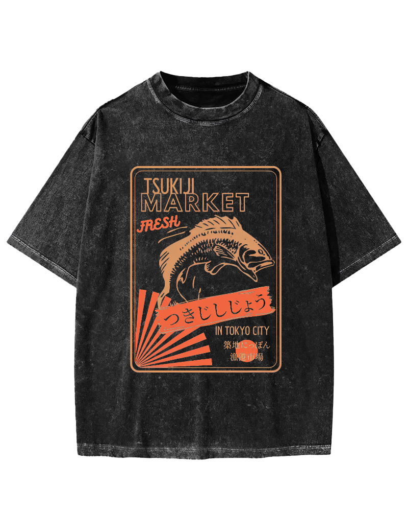 Tsukiji Seafood Market in Japan Vintage Washed T-shirt-Zazasy