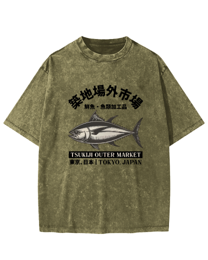 Japanese Style Tuna Pattern Vintage Distressed T-shirt