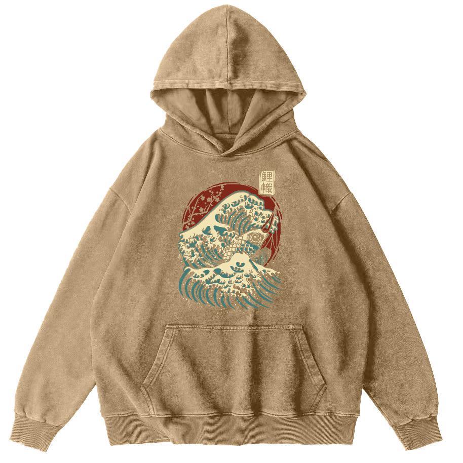 Koi in the Waves, Japanese Style Vintage Washed Hoodie-Zazasy
