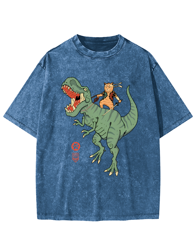 Japanese Style Warrior Cat Riding a Dinosaur Vintage Distressed T-shirt-Zazasy
