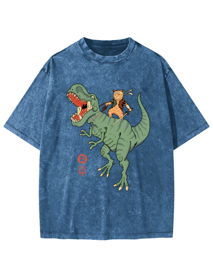 Japanese Style Warrior Cat Riding a Dinosaur Vintage Distressed T-shirt-Zazasy
