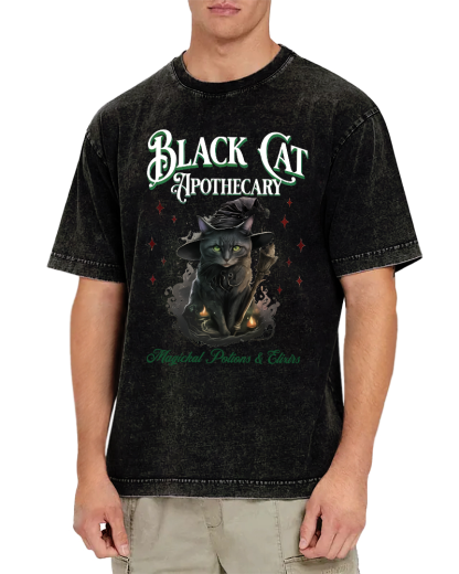 Black Cat Vintage Washed T-shirt-Zazasy