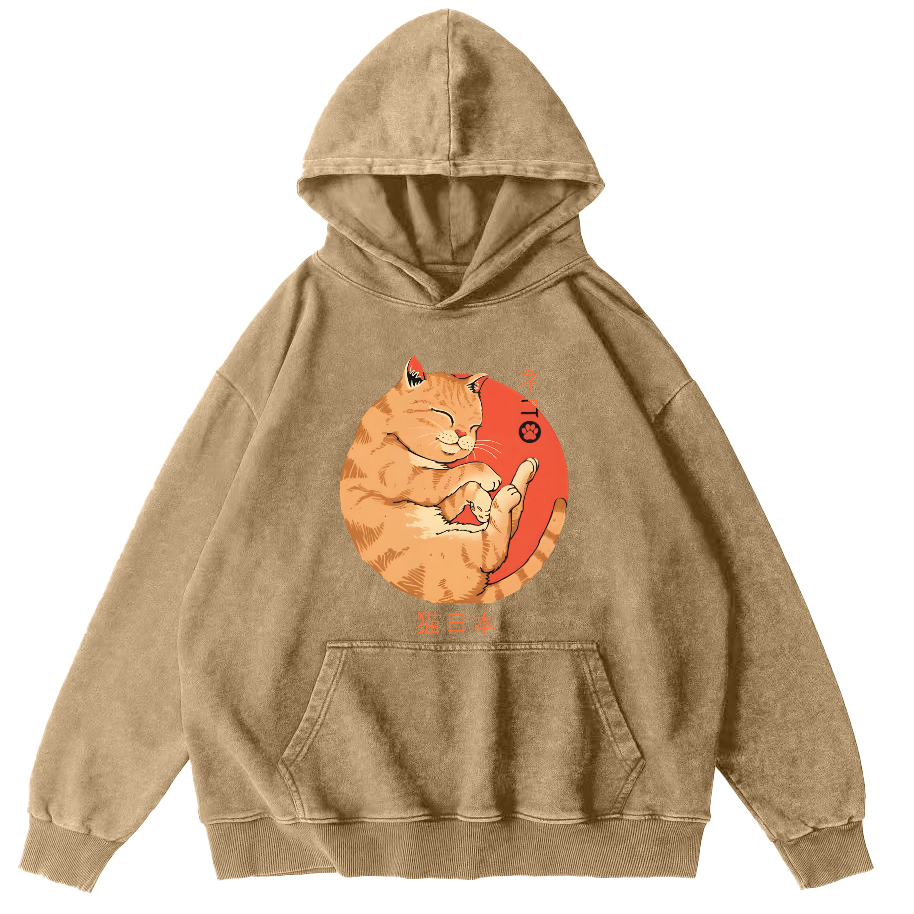 Lazy Japanese Cat Vintage Distressed Hoodie-Zazasy