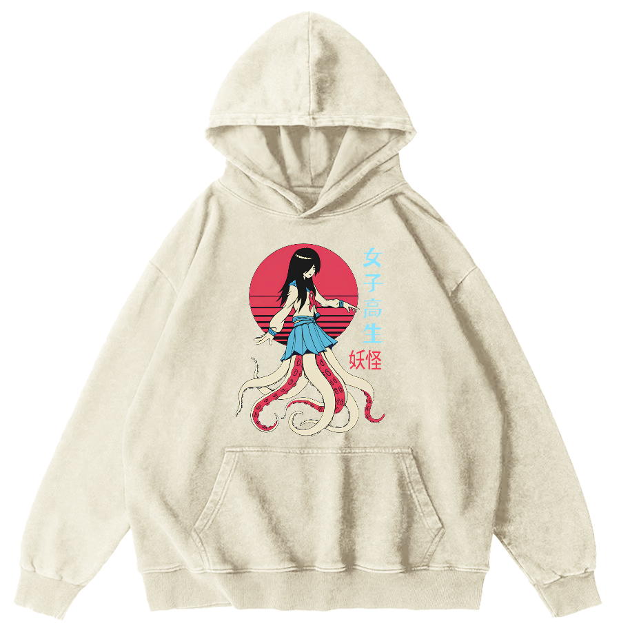 Female Octopus Monster Vintage Distressed Hoodie-Zazasy
