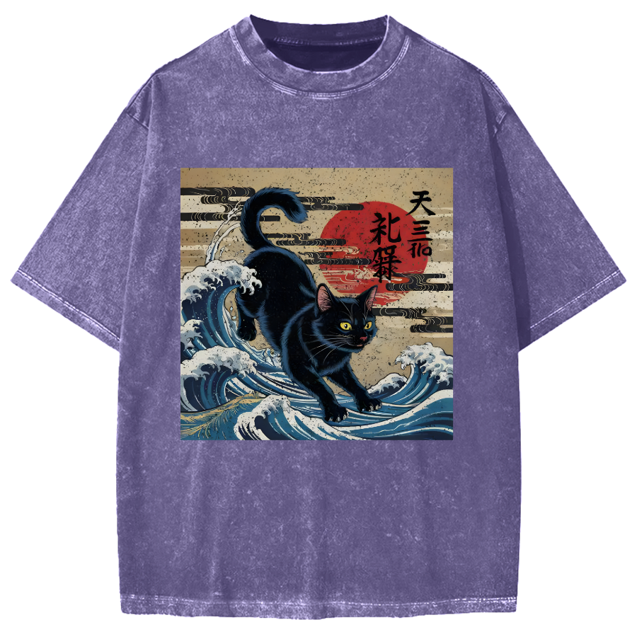 Japanese Wave Cat Vintage Washed T-shirt
