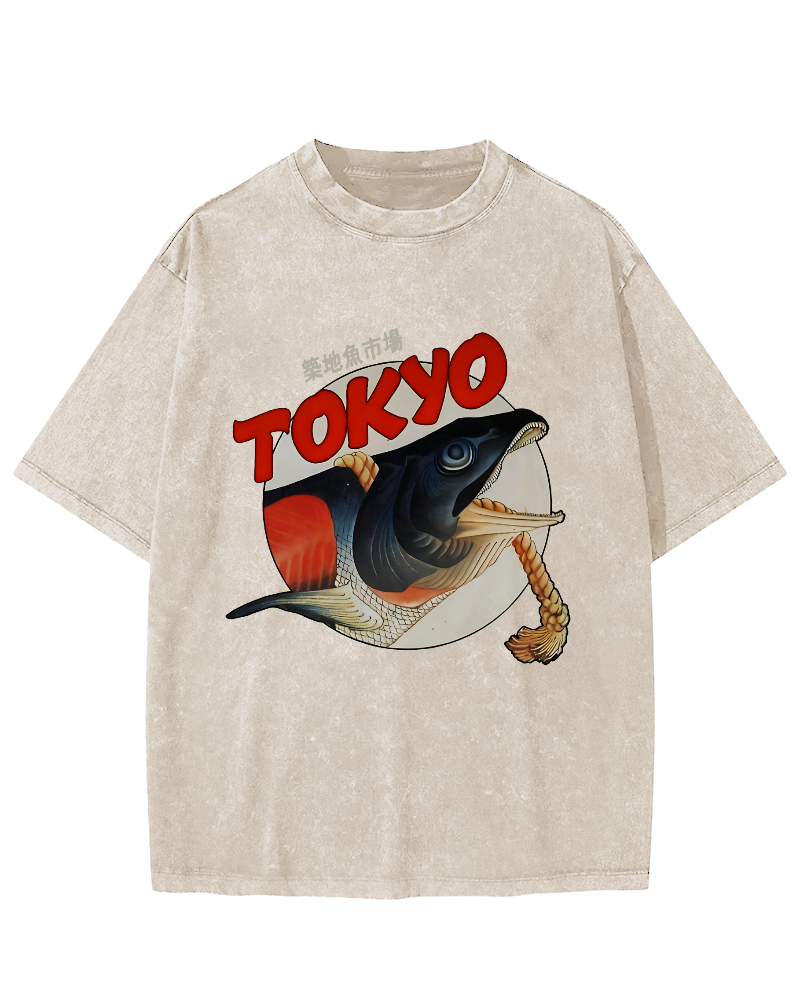 Tokyo Tsukiji Fish Market Vintage Washed T-shirt-Zazasy