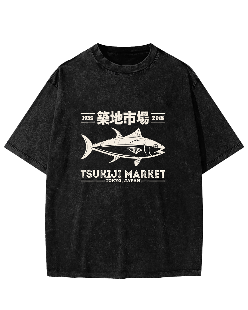 Tsukiji Market Tuna Japanese Style Vintage Distressed T-shirt-Zazasy