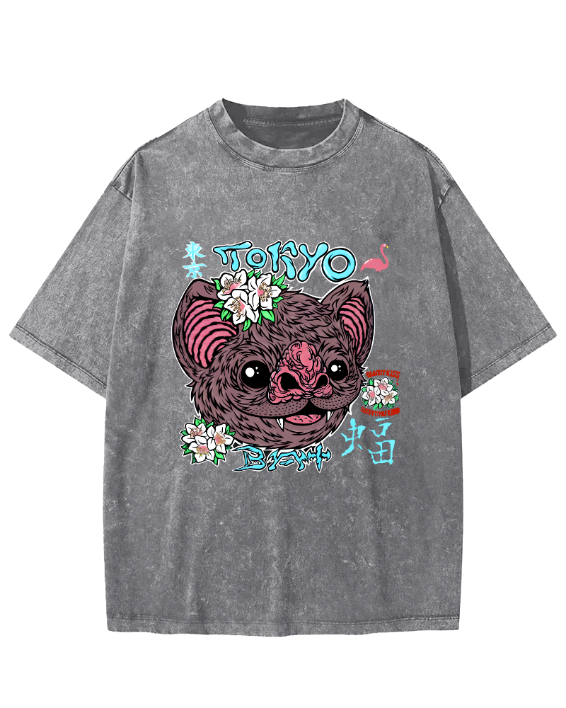 Tokyo Bat Vintage Washed T-shirt-Zazasy