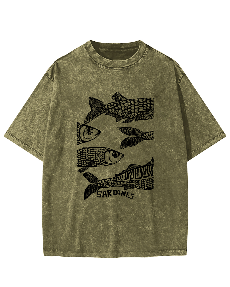 Retro Sea Fish Pattern Vintage Distressed T-shirt-Zazasy