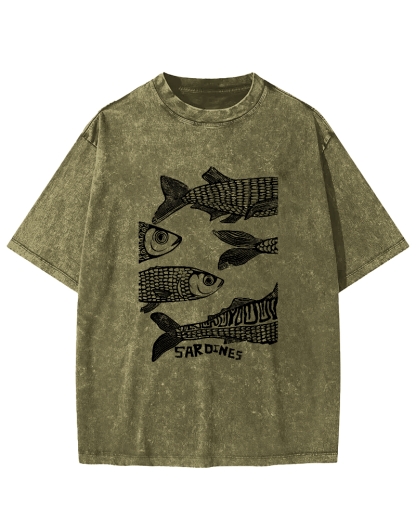 Retro Sea Fish Pattern Vintage Distressed T-shirt-Zazasy