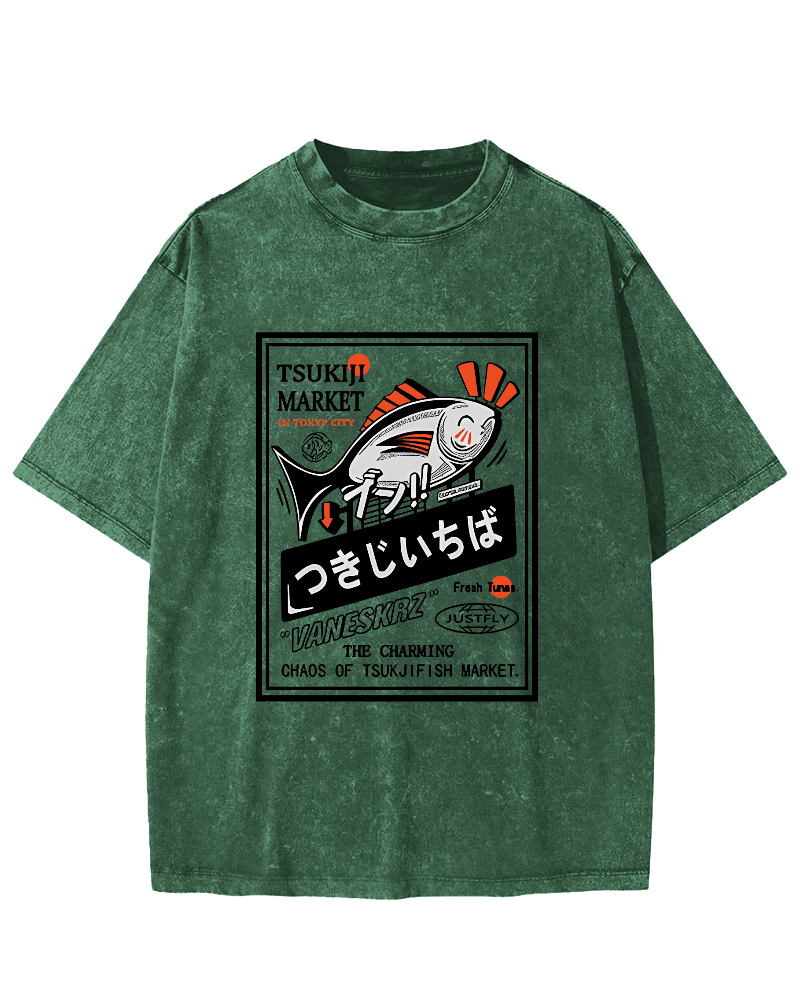 Small Fish Pattern Japanese Style Vintage Distressed T-shirt-Zazasy