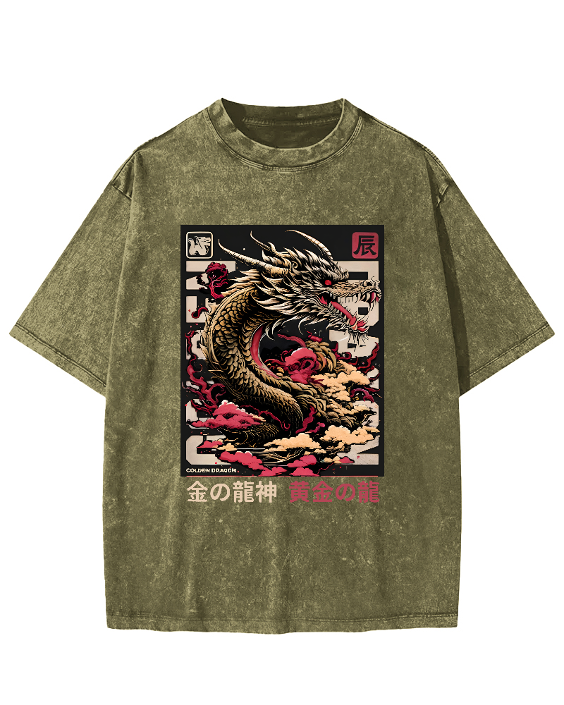 Golden Dragon Japanese Style Vintage Distressed T-shirt-Zazasy