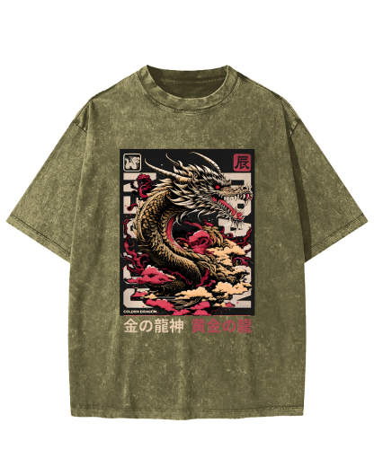 Golden Dragon Japanese Style Vintage Distressed T-shirt-Zazasy