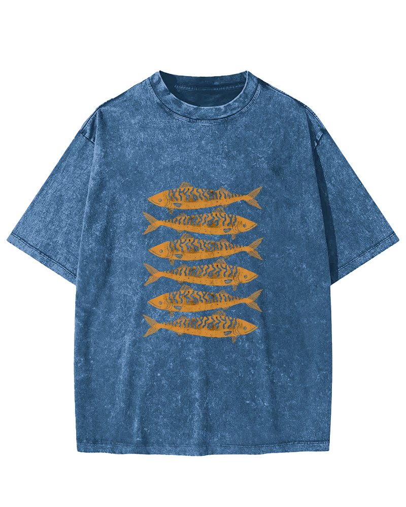 Retro Sea Fish Pattern Vintage Distressed T-shirt-Zazasy