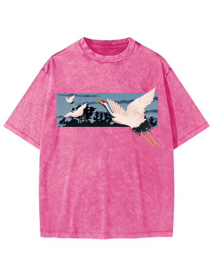 Idle Clouds, Wild Cranes, Japanese Style Vintage Washed T-shirt-Zazasy