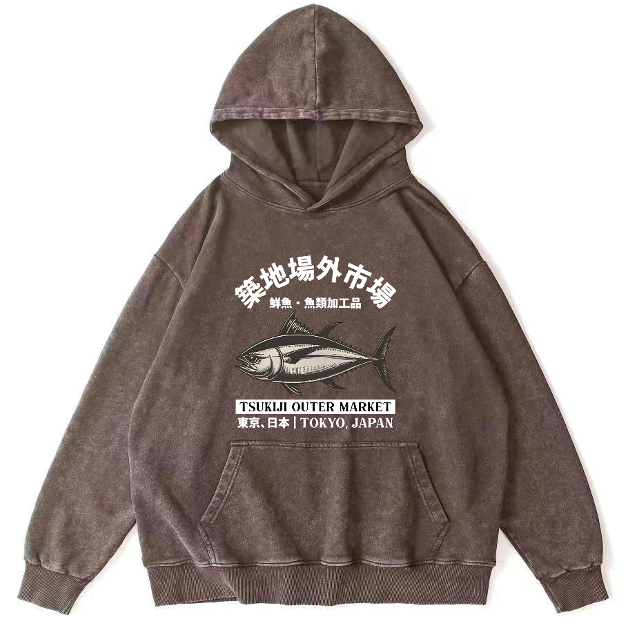 Japanese Seafood Market Tuna Vintage Distressed Hoodie-Zazasy