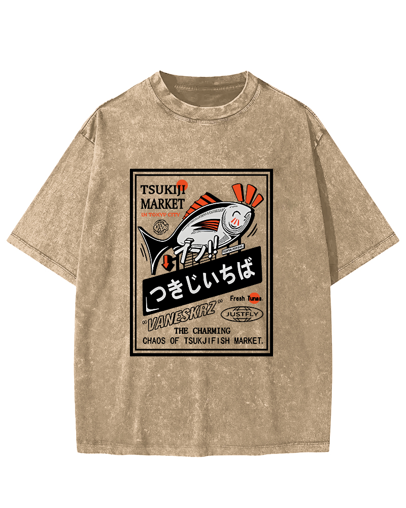 Small Fish Pattern Japanese Style Vintage Distressed T-shirt-Zazasy