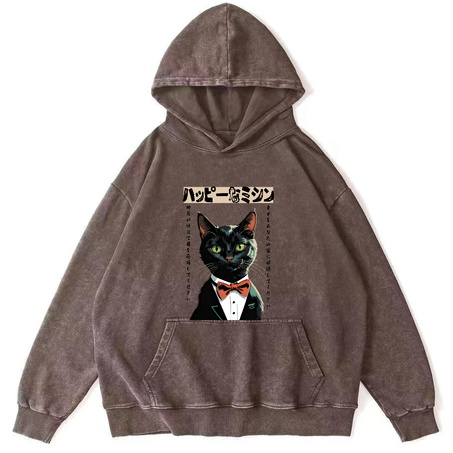 Abstract Cat Figure Pattern Vintage Distressed Hoodie-Zazasy