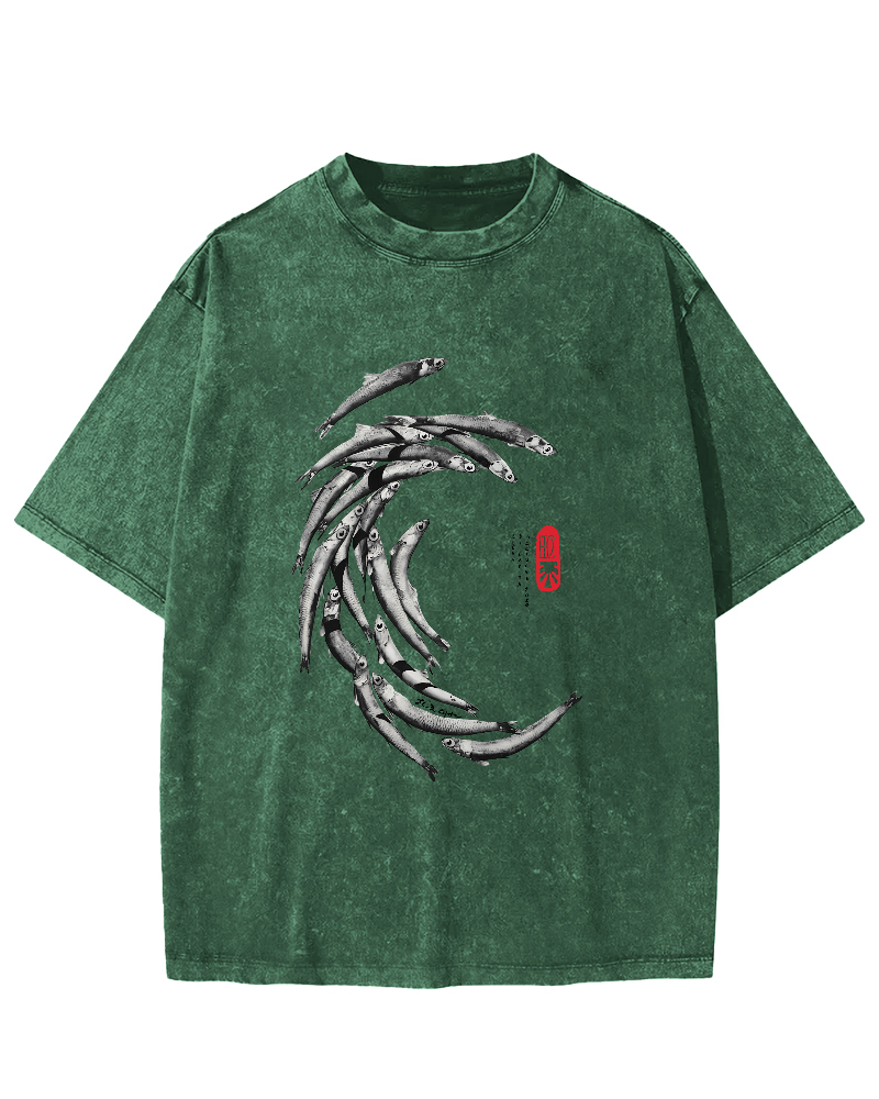 Japanese Fchool Of Fish Pattern Vintage Distressed T-shirt-Zazasy