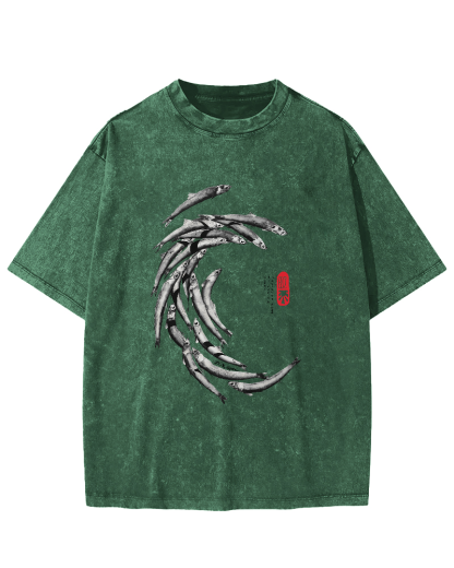 Japanese Fchool Of Fish Pattern Vintage Distressed T-shirt-Zazasy