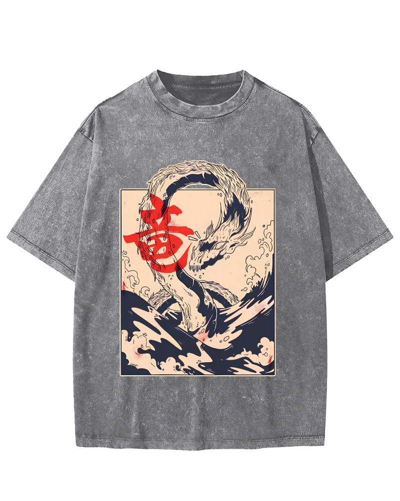 Retro Water God Dragon Pattern Japanese Style Vintage Distressed T-shirt-Zazasy