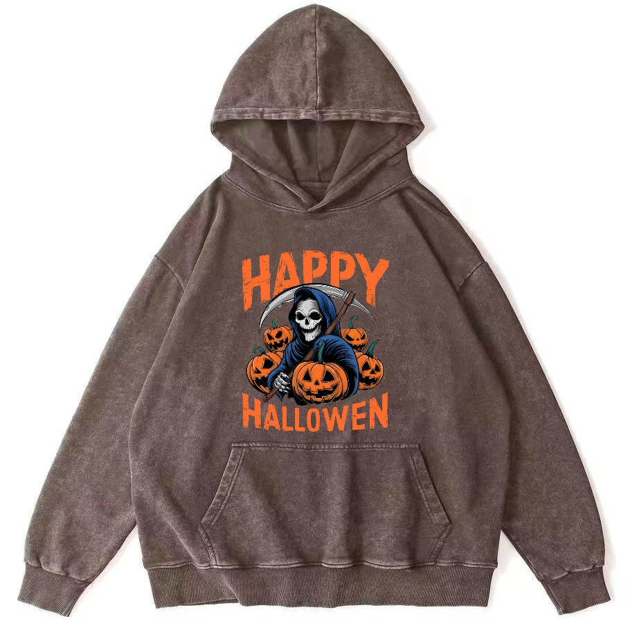 Halloween Pumpkin Lamp  Vintage Washed Hoodie-Zazasy
