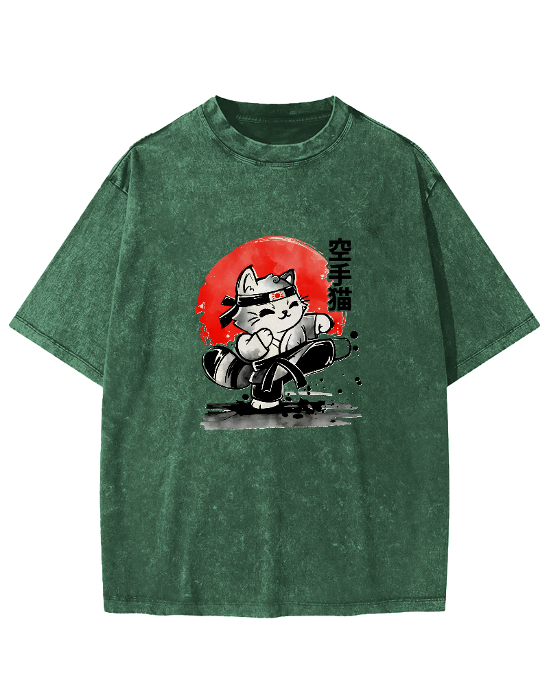 Karate Cat Japanese Style Vintage Distressed T-shirt-Zazasy