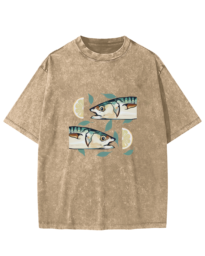 Japanese Lemon Fish Pattern Vintage Distressed T-shirt-Zazasy
