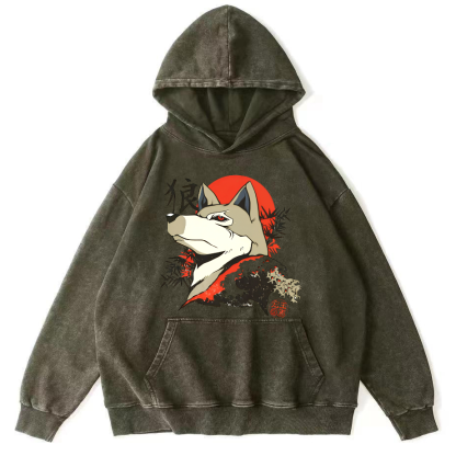 Lone Wolf Japanese Style Vintage Distressed Hoodie-Zazasy