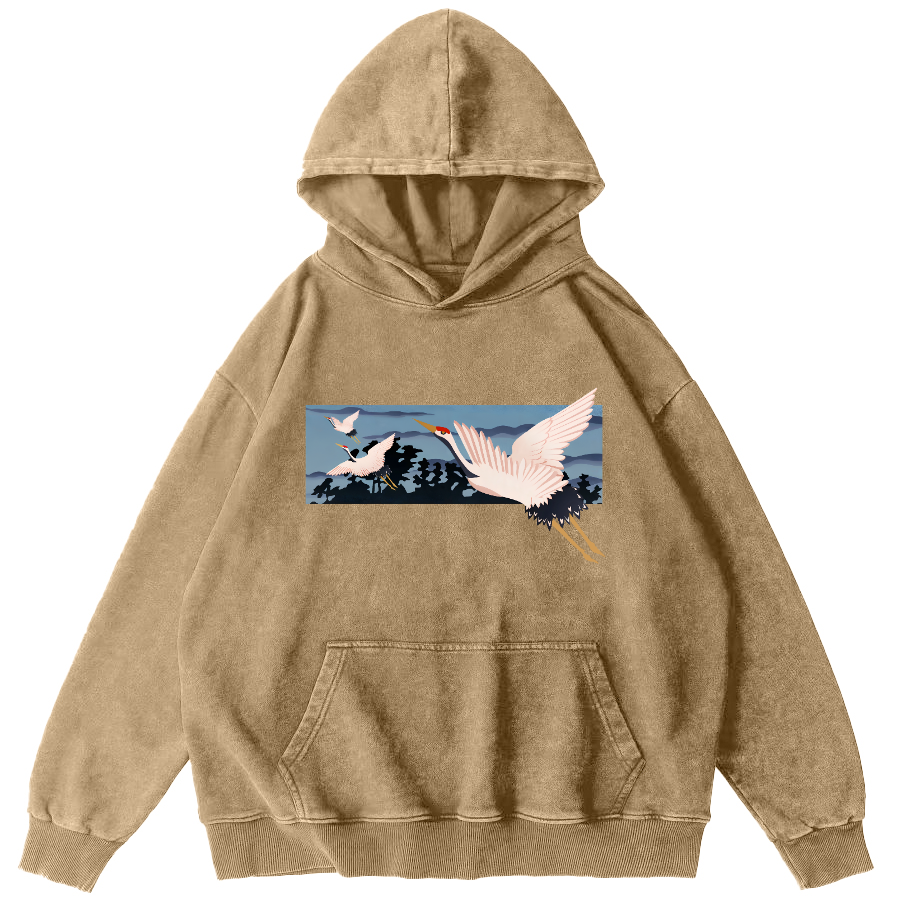 Idle Clouds, Wild Cranes, Japanese Style Vintage Washed Hoodie-Zazasy
