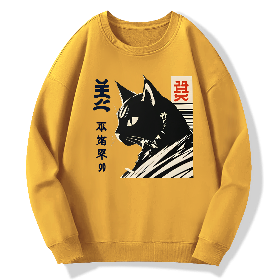 Japanese Black Cat Cotton Pullover Sweatshirt