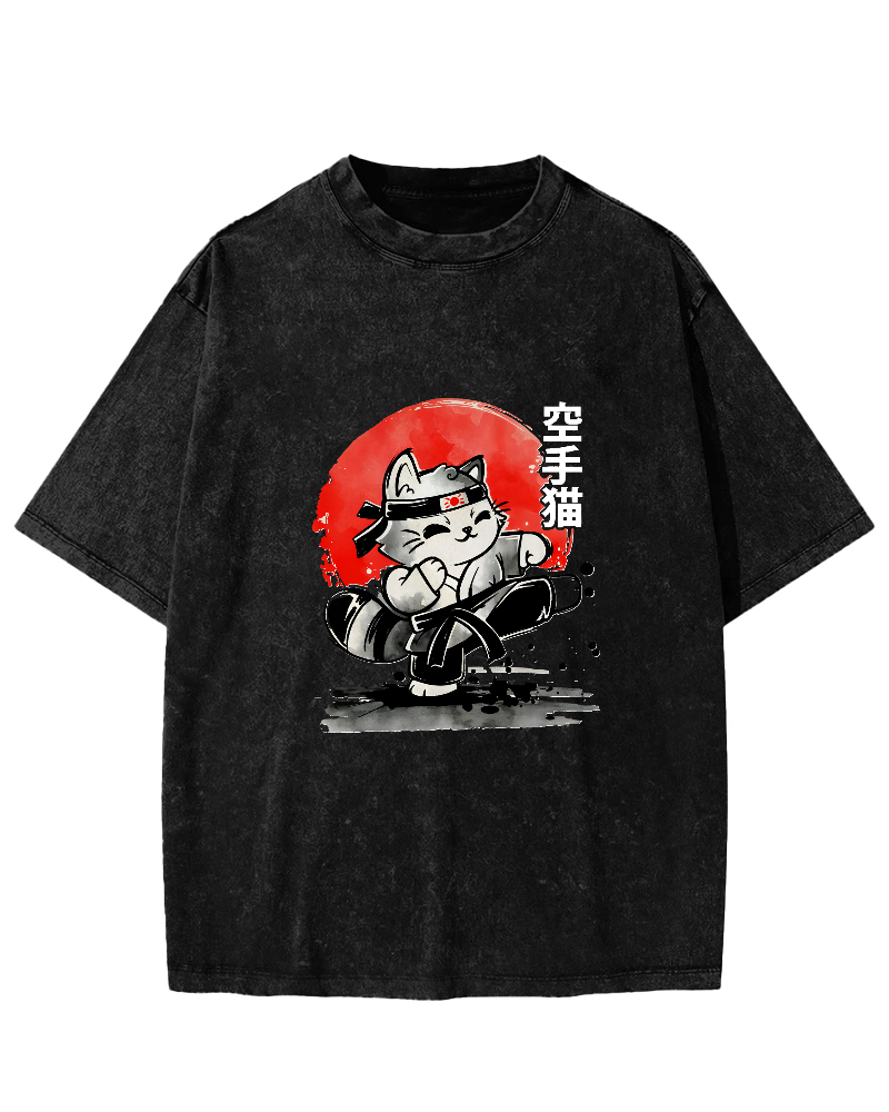 Karate Cat Japanese Style Vintage Distressed T-shirt-Zazasy