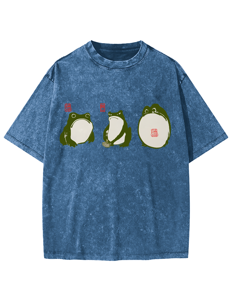 Cute Japanese Frog Vintage Washed T-shirt-Zazasy