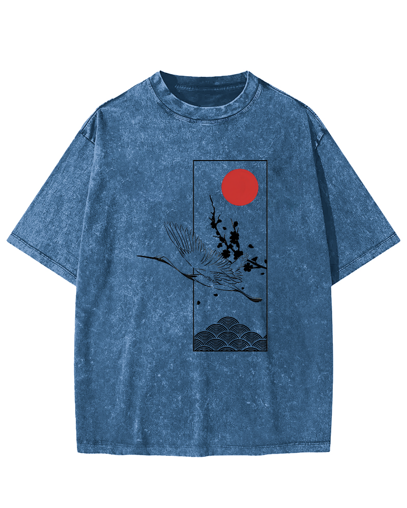 Japanese Sunrise Flying Crane Pattern Vintage Distressed T-shirt-Zazasy