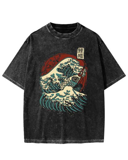 Koi Fish Wave Japanese Style Vintage Washed T-shirt-Zazasy