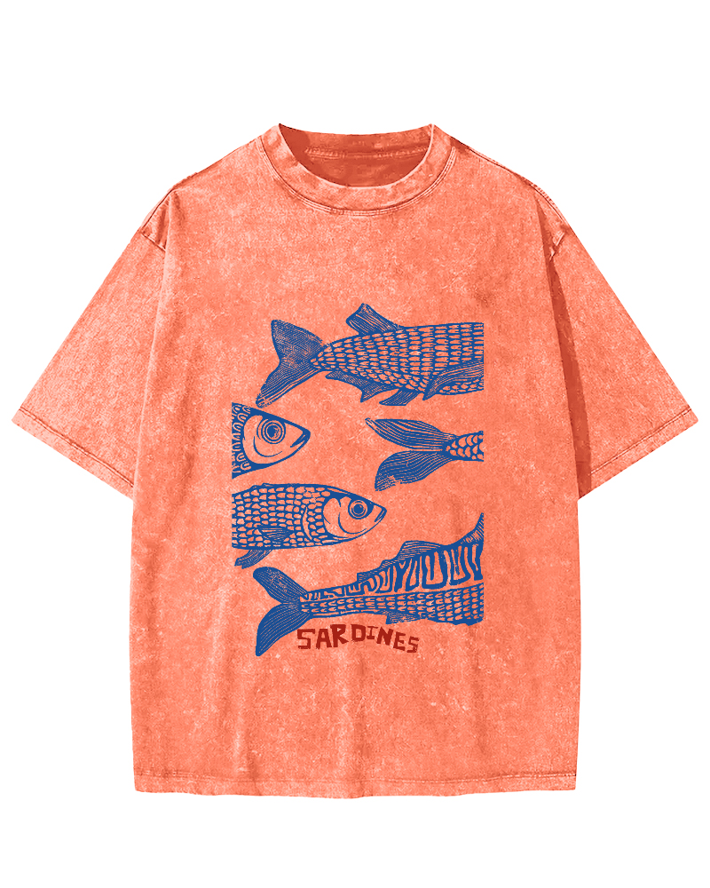Retro Sea Fish Pattern Vintage Distressed T-shirt-Zazasy