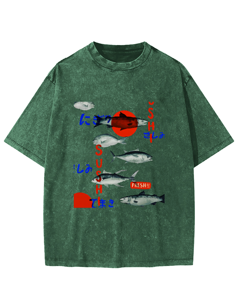 Japanese Sea Fish Pattern Vintage Distressed T-shirt-Zazasy