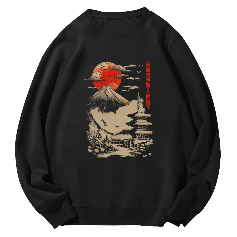 Japanese sunset scenery Round Neck Sweatshirt-Zazasy
