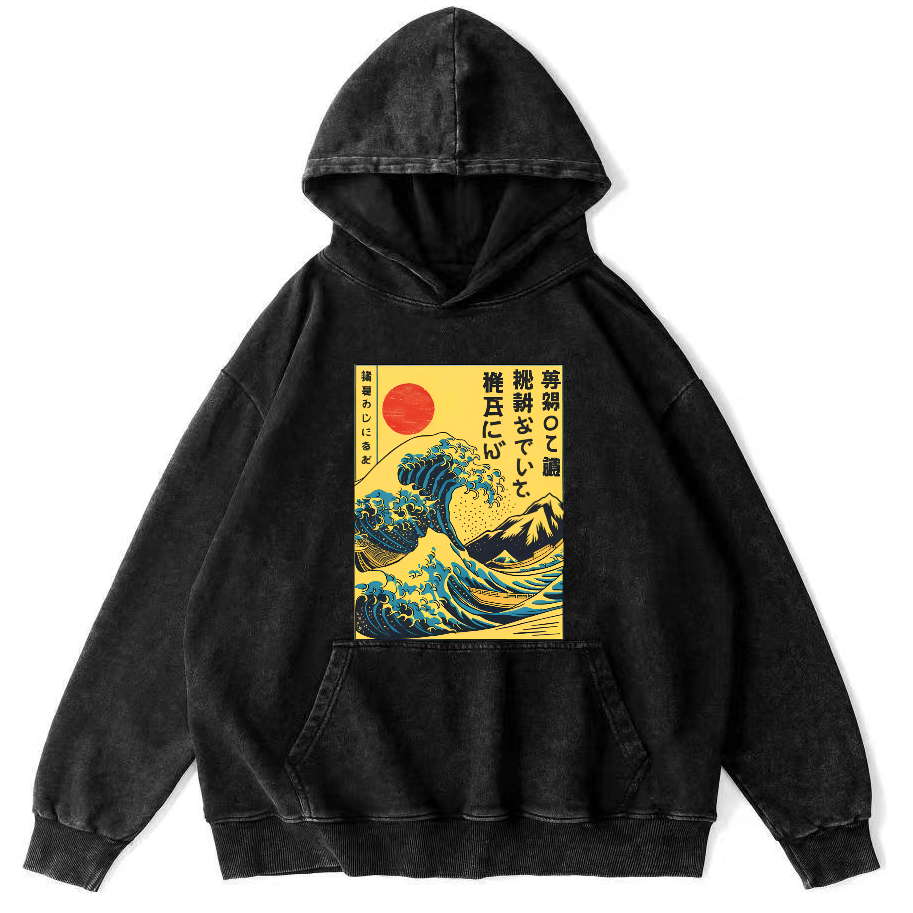 Edo Period Wave Scenery Japanese Style Vintage Washed Hoodie-Zazasy